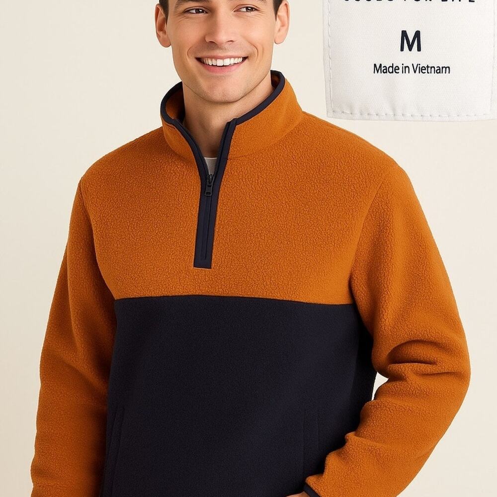 Sonoma Colorblock Fleece Pullover Mens M Half Zip Orange Navy Sherpa
